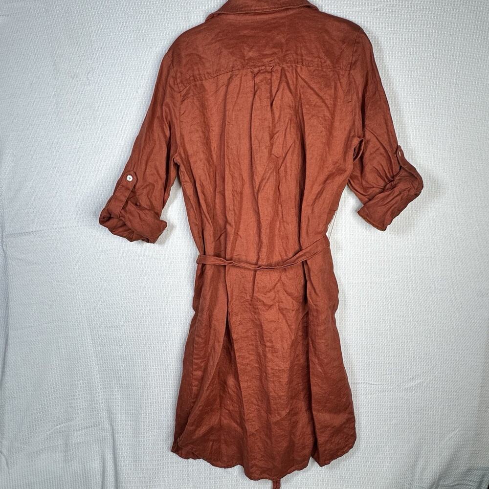 Magaschoni 100% Linen Shirt Dress Coral Roll Tab Sleeve Belted Size Large - Picture 8 of 13